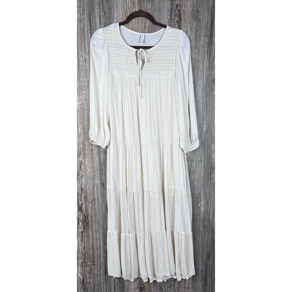 Gentle Fawn Tiered Ruffle Tie Neck Ivory MIDI Dress S Romantic Boho Chic Prairie